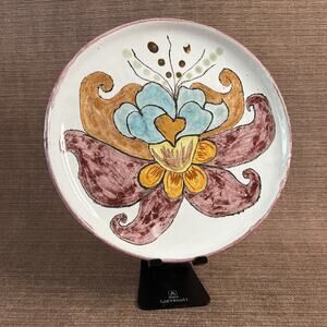 Large Handcrafted Ceramic Plate – Red Clay with Tin Glaze-Stylized Floral Motif